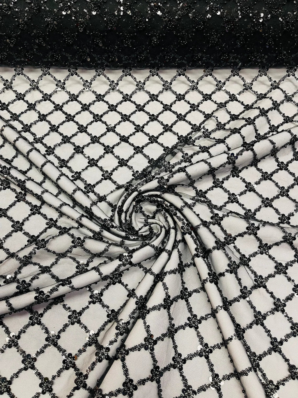 Beaded Diamond Net Fabric - Black - Embroidered Geometric Beaded Sequins Fabric Sold By Yard