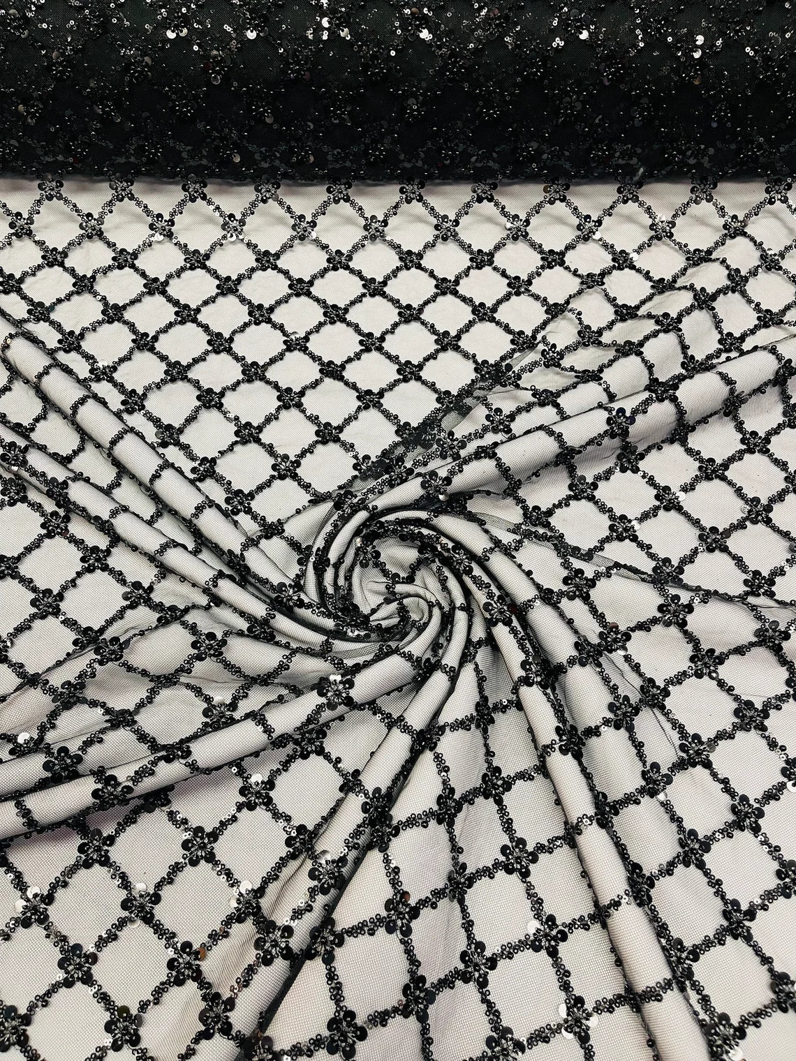 Beaded Diamond Net Fabric - Black - Embroidered Geometric Beaded Sequins Fabric Sold By Yard