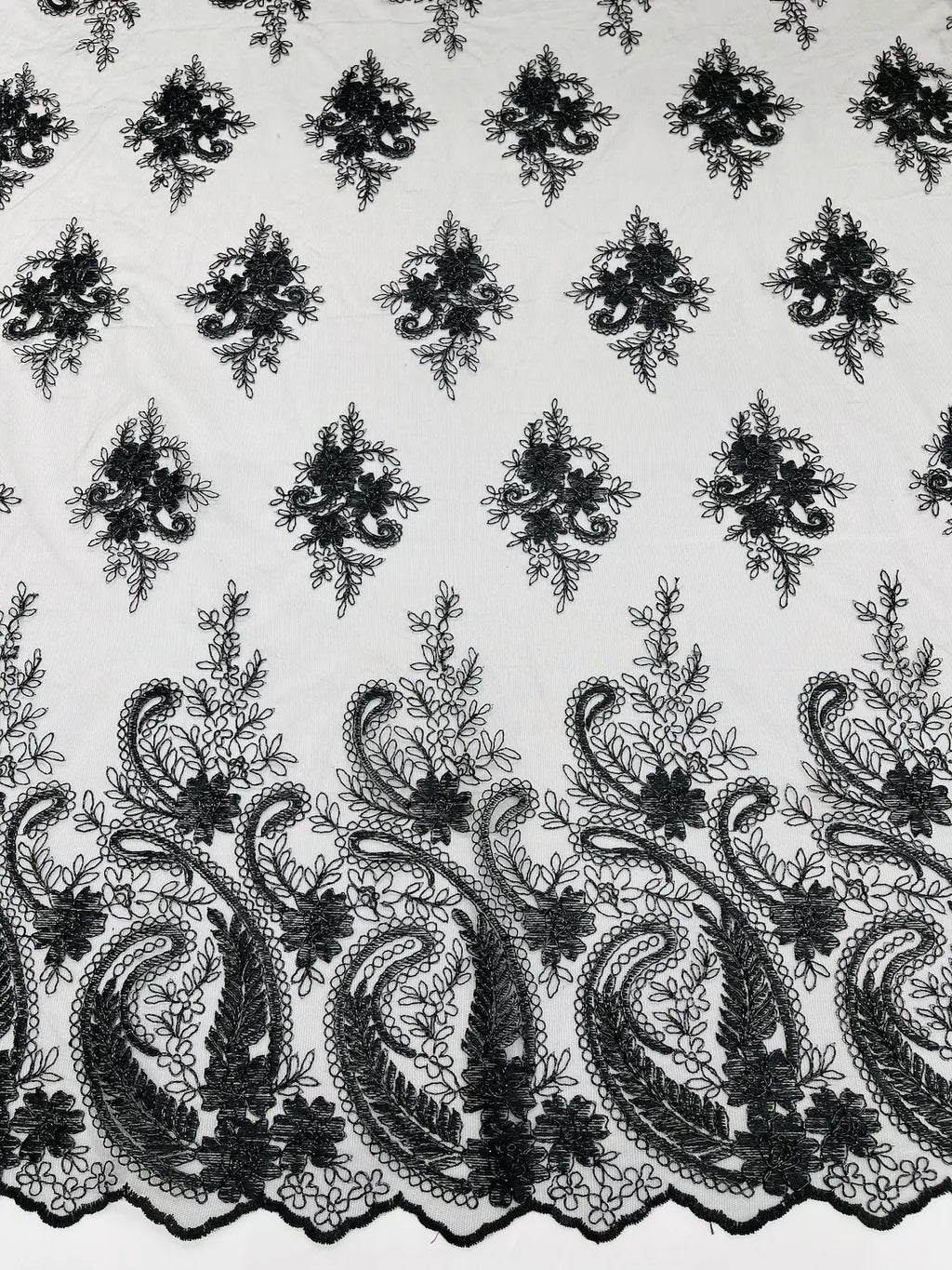 Metallic Corded Lace - Black - Paisley Floral Fabric with Metallic Thread on a Mesh Lace By Yard