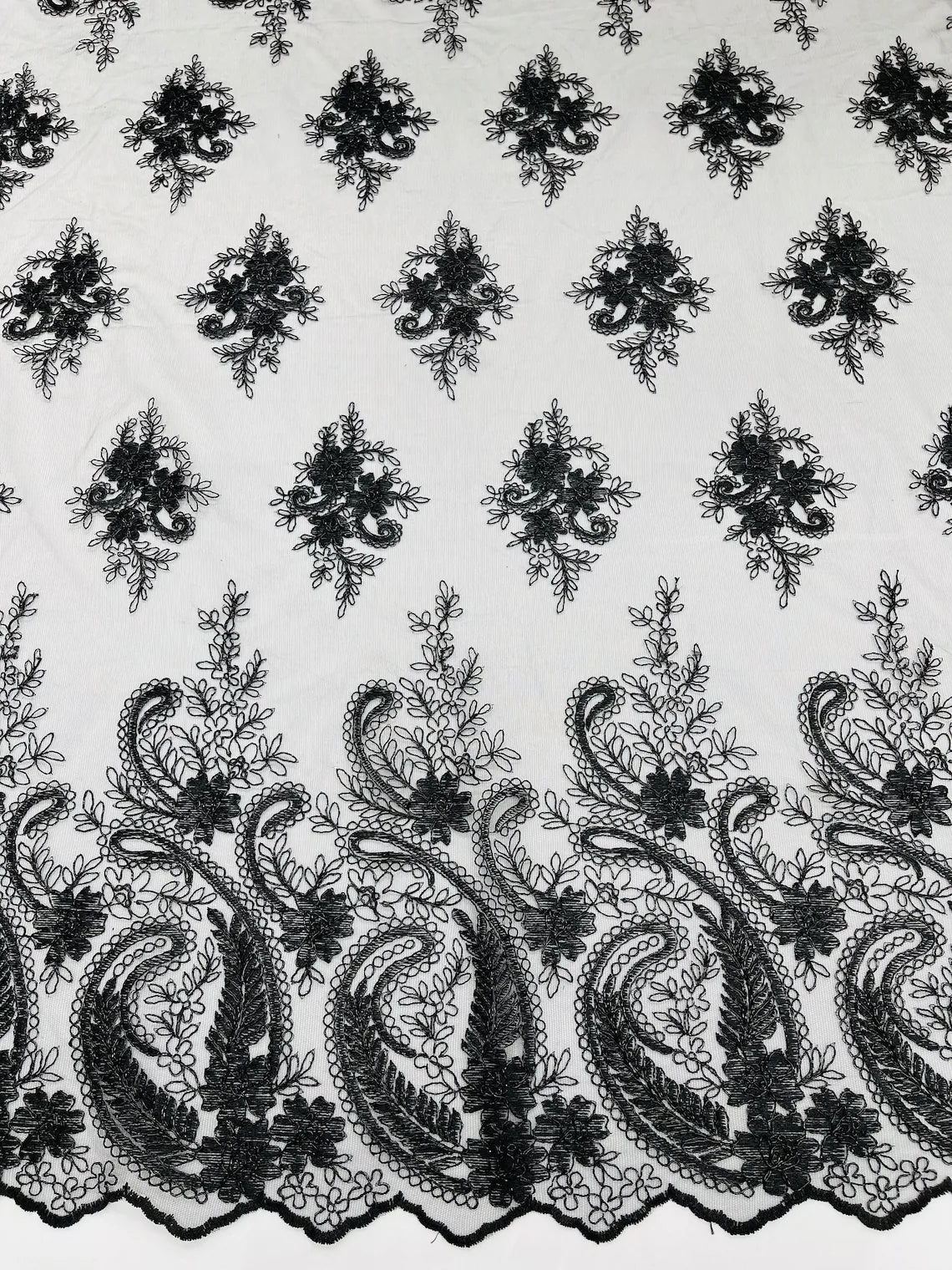 Metallic Corded Lace - Black - Paisley Floral Fabric with Metallic Thread on a Mesh Lace By Yard