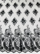 Metallic Corded Lace - Black - Paisley Floral Fabric with Metallic Thread on a Mesh Lace By Yard