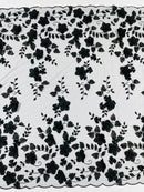 3D Floral Pearl Fabric - Black - Embroidered Floral Pearl Fabric Double Border On Mesh By Yard