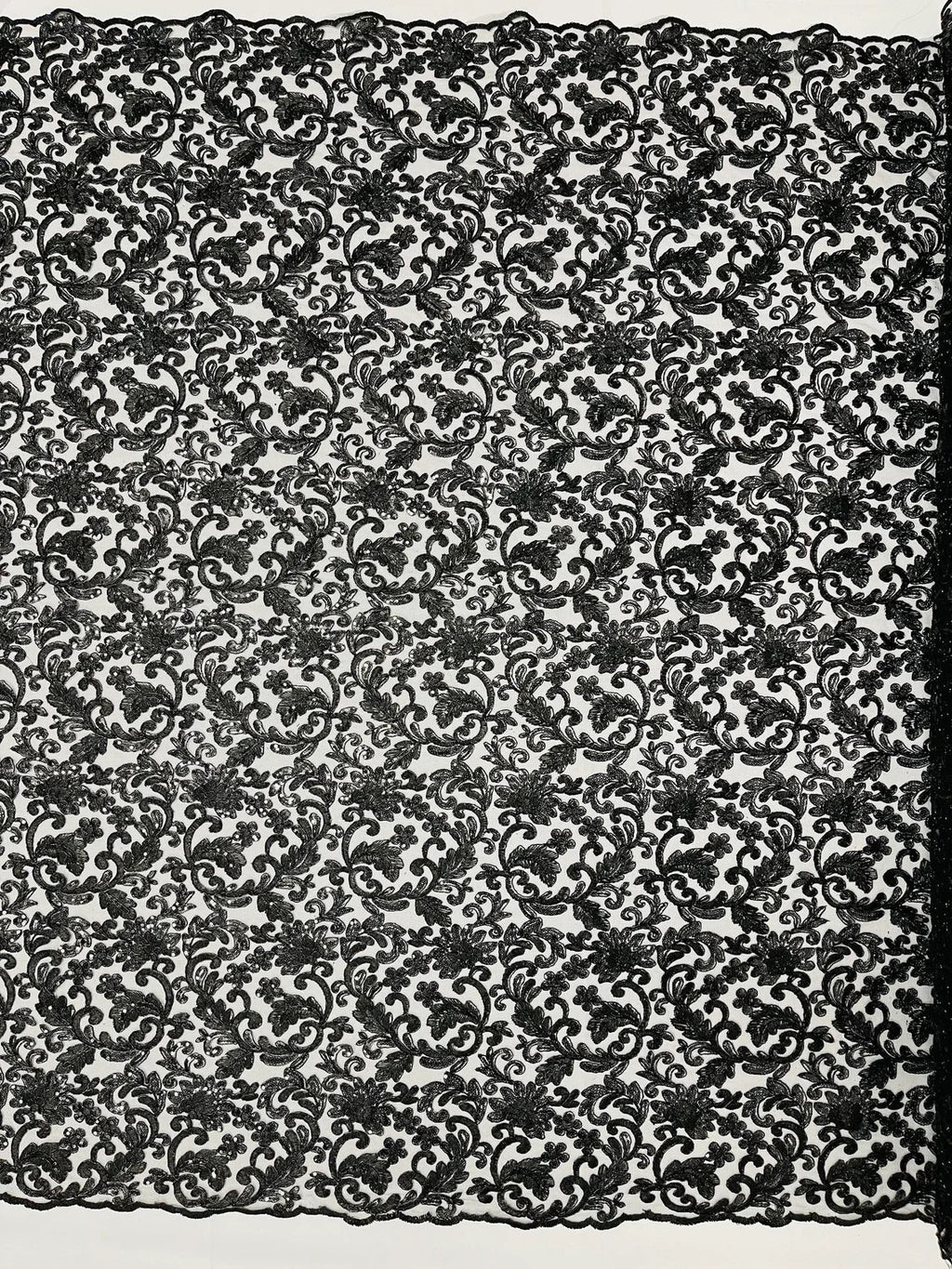 Metallic Floral Lace Fabric - Black - Embroidered Sequins Floral Design Sold By Yard