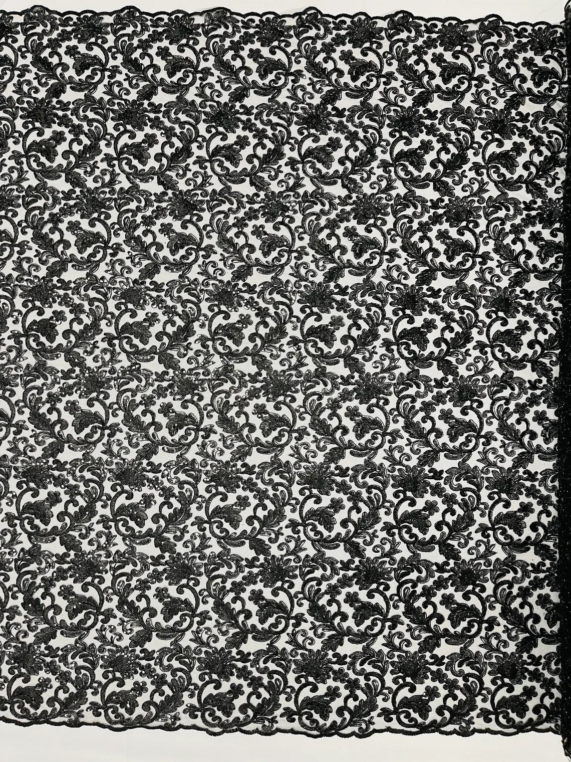 Metallic Floral Lace Fabric - Black - Embroidered Sequins Floral Design Sold By Yard