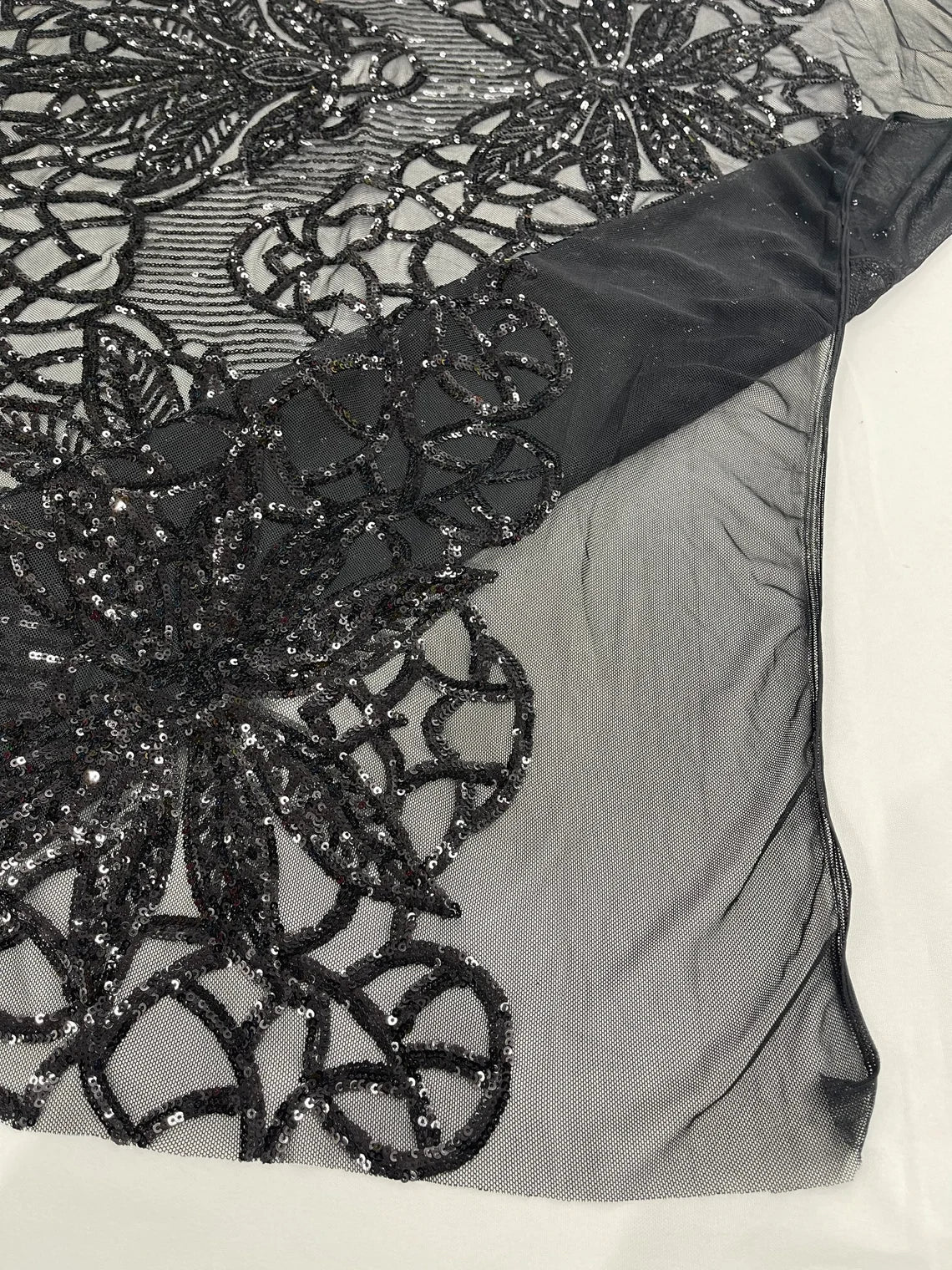 Elegant Floral Leaf Design - Black - 4 Way Stretch Sequins Lace Spandex Fabric By Yard