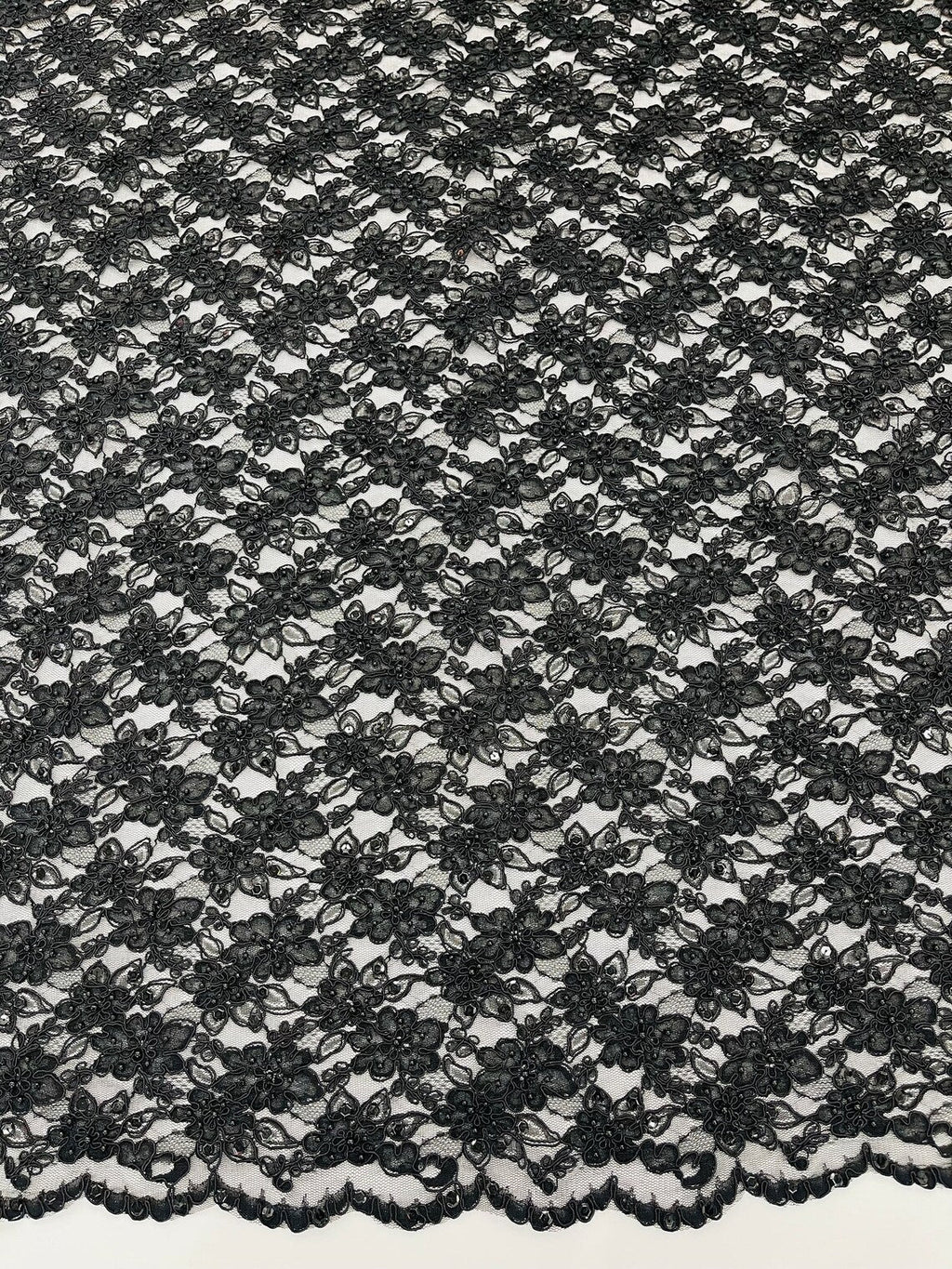 Floral Pearls and Sequins Fabric - Black - Beaded Fabric Embroidered Lace By The Yard