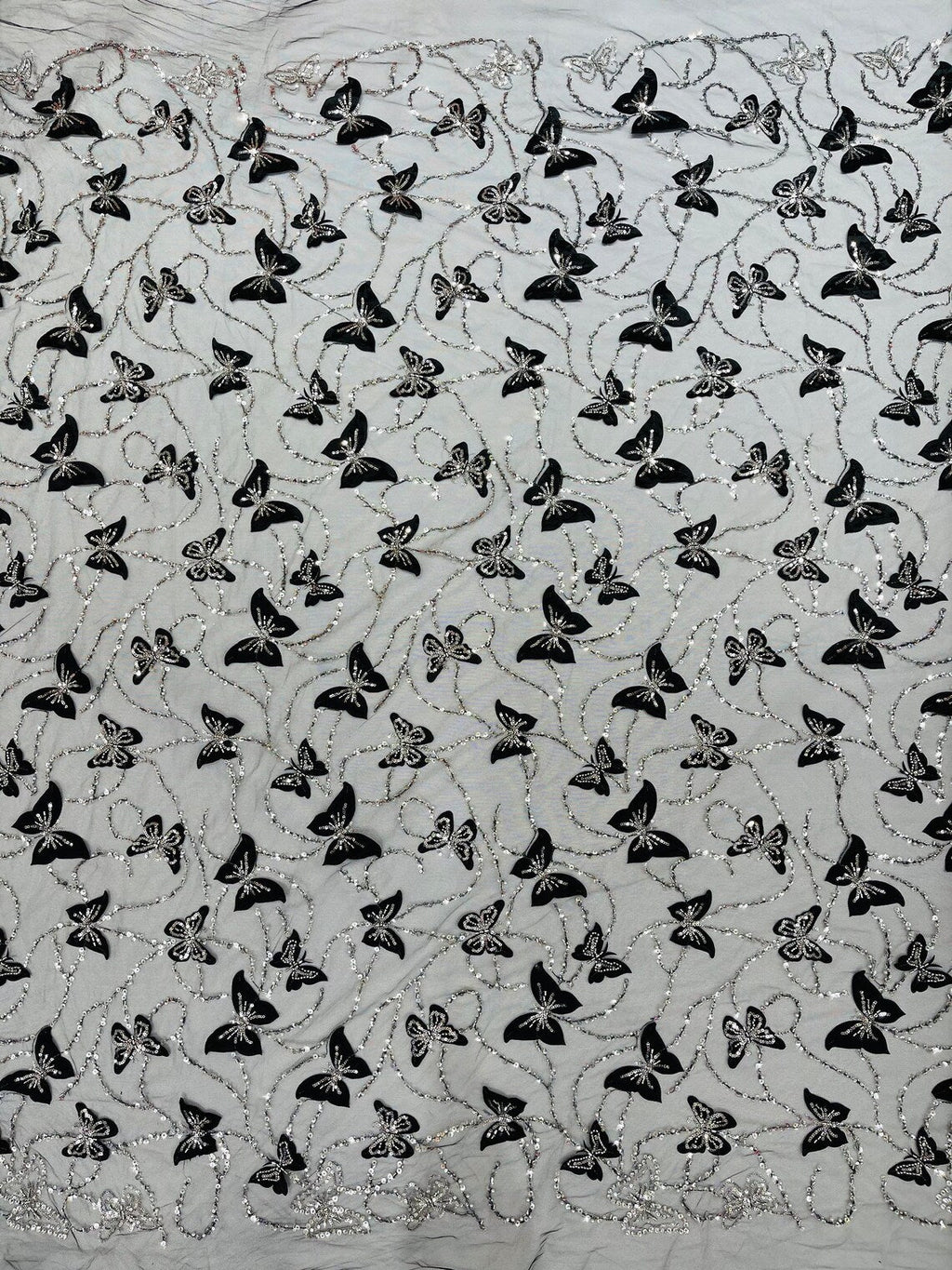 3D Butterfly Beaded Fabric - Black - Beaded Sequins Butterfly Embroidered Fabric By Yard