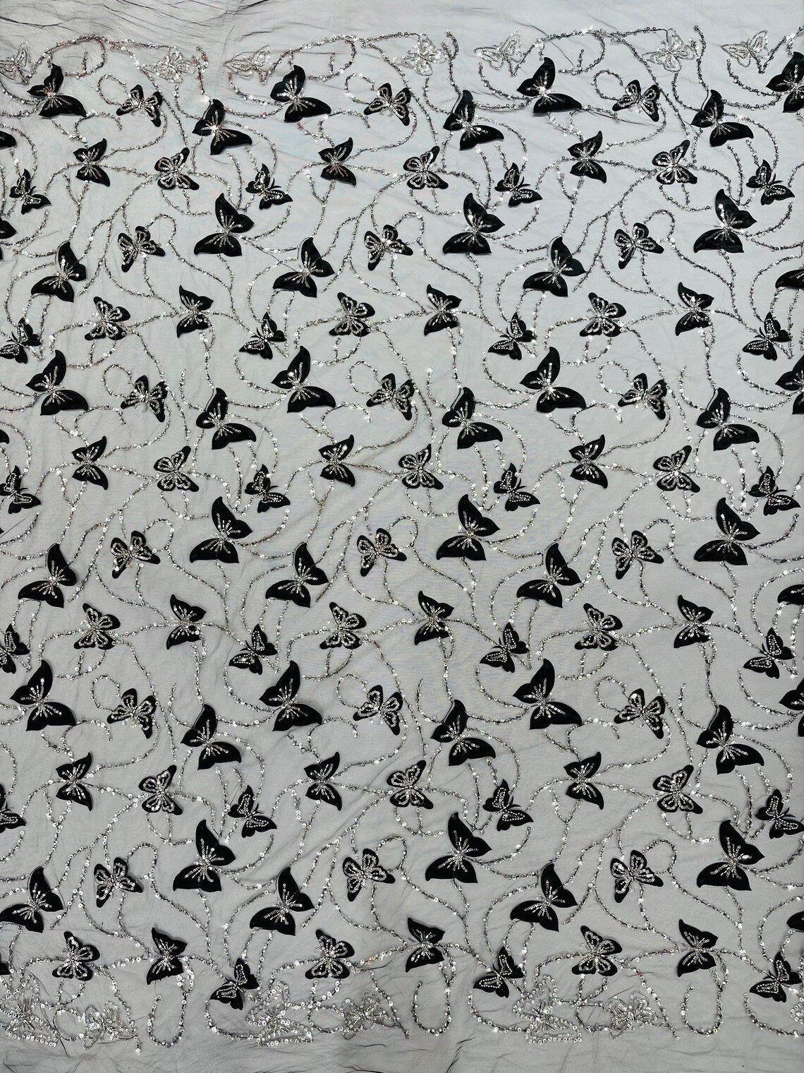 3D Butterfly Beaded Fabric - Black - Beaded Sequins Butterfly Embroidered Fabric By Yard