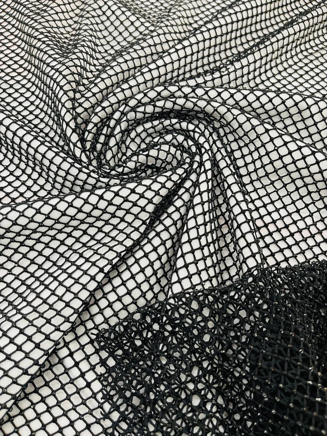 Fish Net Spandex Rhinestone Fabric - Solid Spandex Fish Net Rhinestones Fabric Sold by Yard