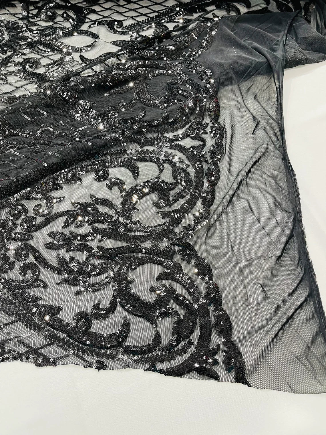 Heart Damask Sequins - Black - 4 Way Stretch Elegant Shiny Net Sequins Fabric By Yard