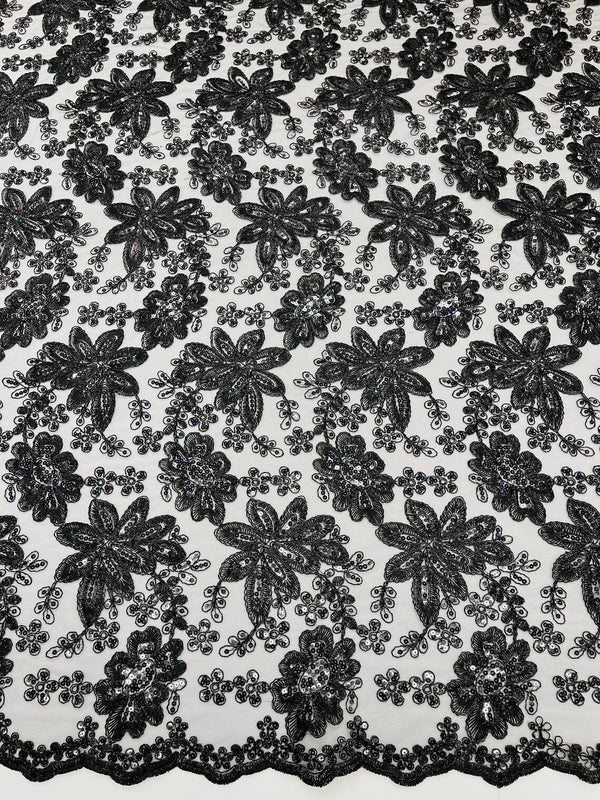 Corded Lace Floral Fabric - Black - Hologram Sequins Metallic Thread Floral Fabric by Yard