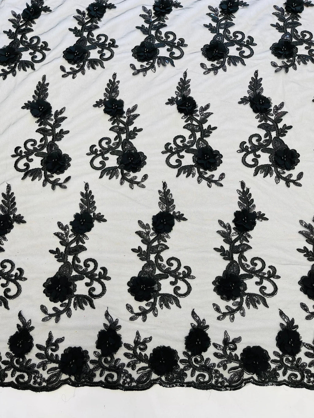3D Flower Cluster Fabric - Black - 3D Flower Leaf Design Fabric with Pearls Sold By Yard