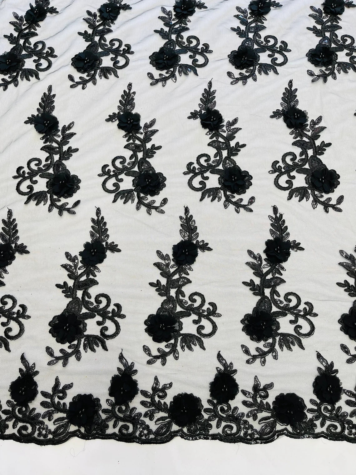 3D Flower Cluster Fabric - Black - 3D Flower Leaf Design Fabric with Pearls Sold By Yard