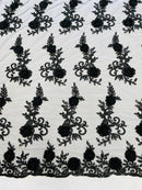 3D Flower Cluster Fabric - Black - 3D Flower Leaf Design Fabric with Pearls Sold By Yard