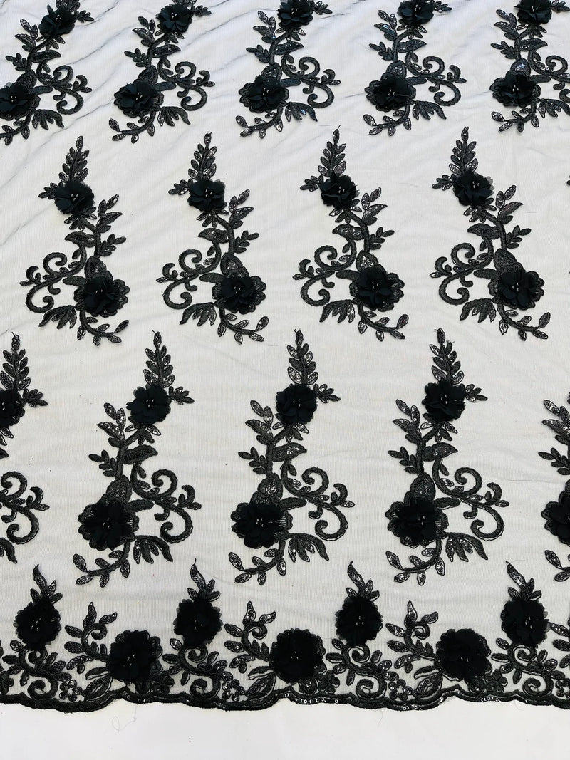 3D Flower Cluster Fabric - Black - 3D Flower Leaf Design Fabric with Pearls Sold By Yard