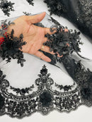 3D Floral Pearl Design - Black - Floral Embroidered Pearls and Sequins Fabric By Yard