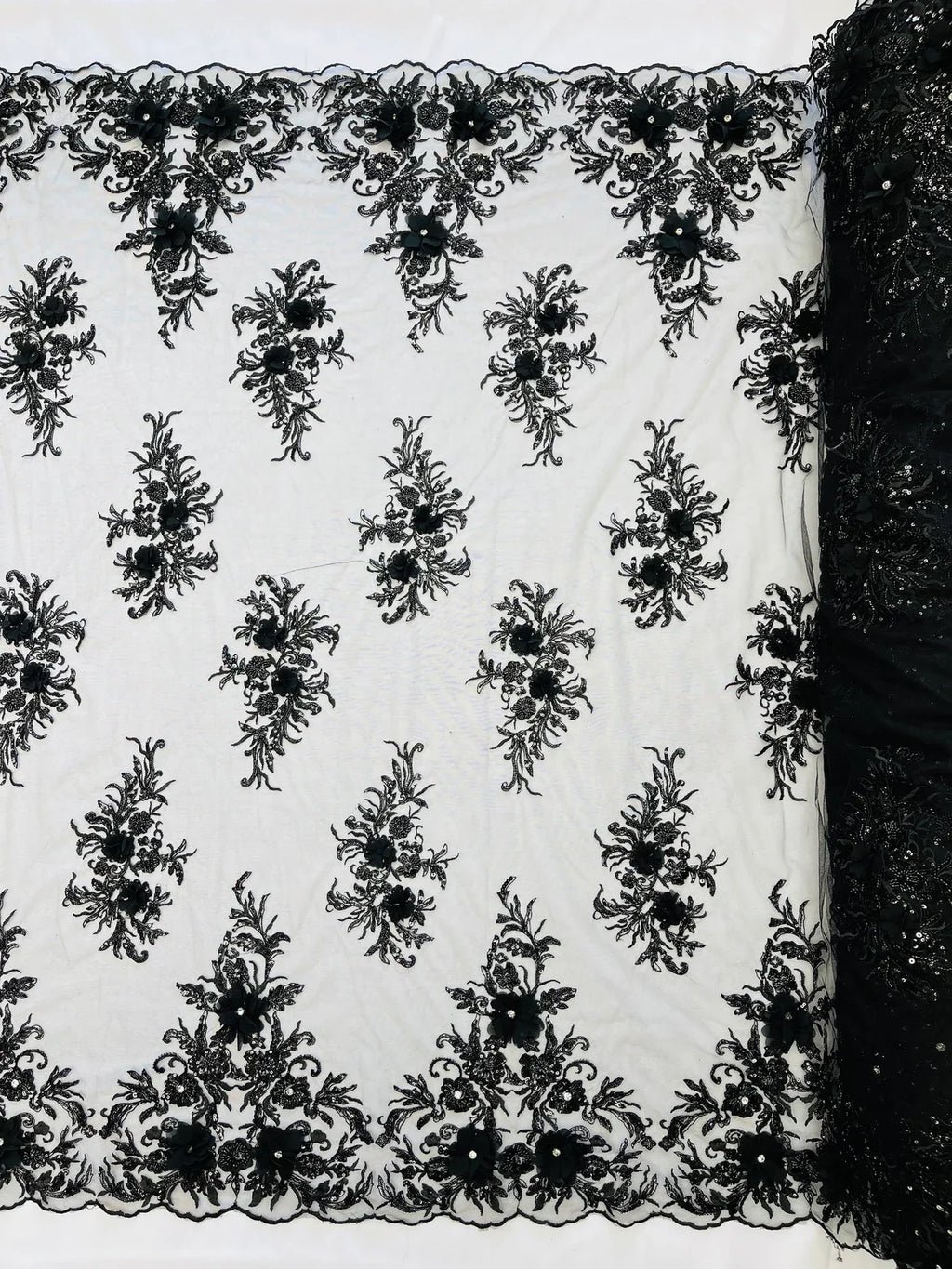 3D Floral Rhinestone Fabric - Black - Beaded Flower Clusters with Rhinestones and Sequins By Yard