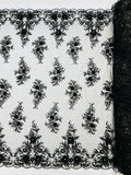 3D Floral Rhinestone Fabric - Black - Beaded Flower Clusters with Rhinestones and Sequins By Yard