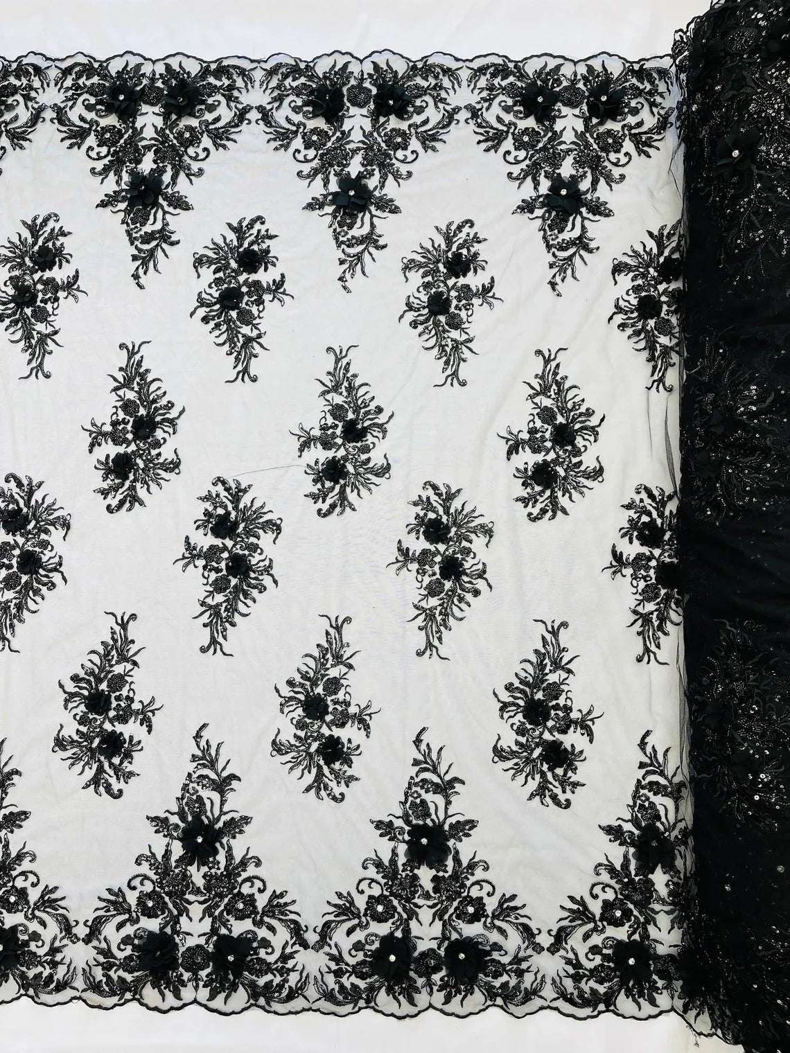 3D Floral Rhinestone Fabric - Black - Beaded Flower Clusters with Rhinestones and Sequins By Yard
