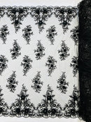 3D Floral Rhinestone Fabric - Black - Beaded Flower Clusters with Rhinestones and Sequins By Yard