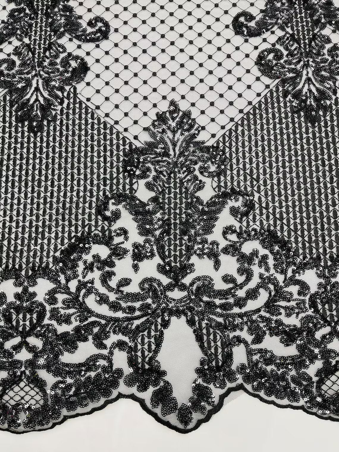 King Damask Design Fabric - Black - Embroidered Corded Mesh Lace Fabric with Sequins By Yard