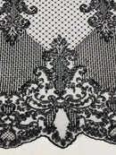 King Damask Design Fabric - Black - Embroidered Corded Mesh Lace Fabric with Sequins By Yard