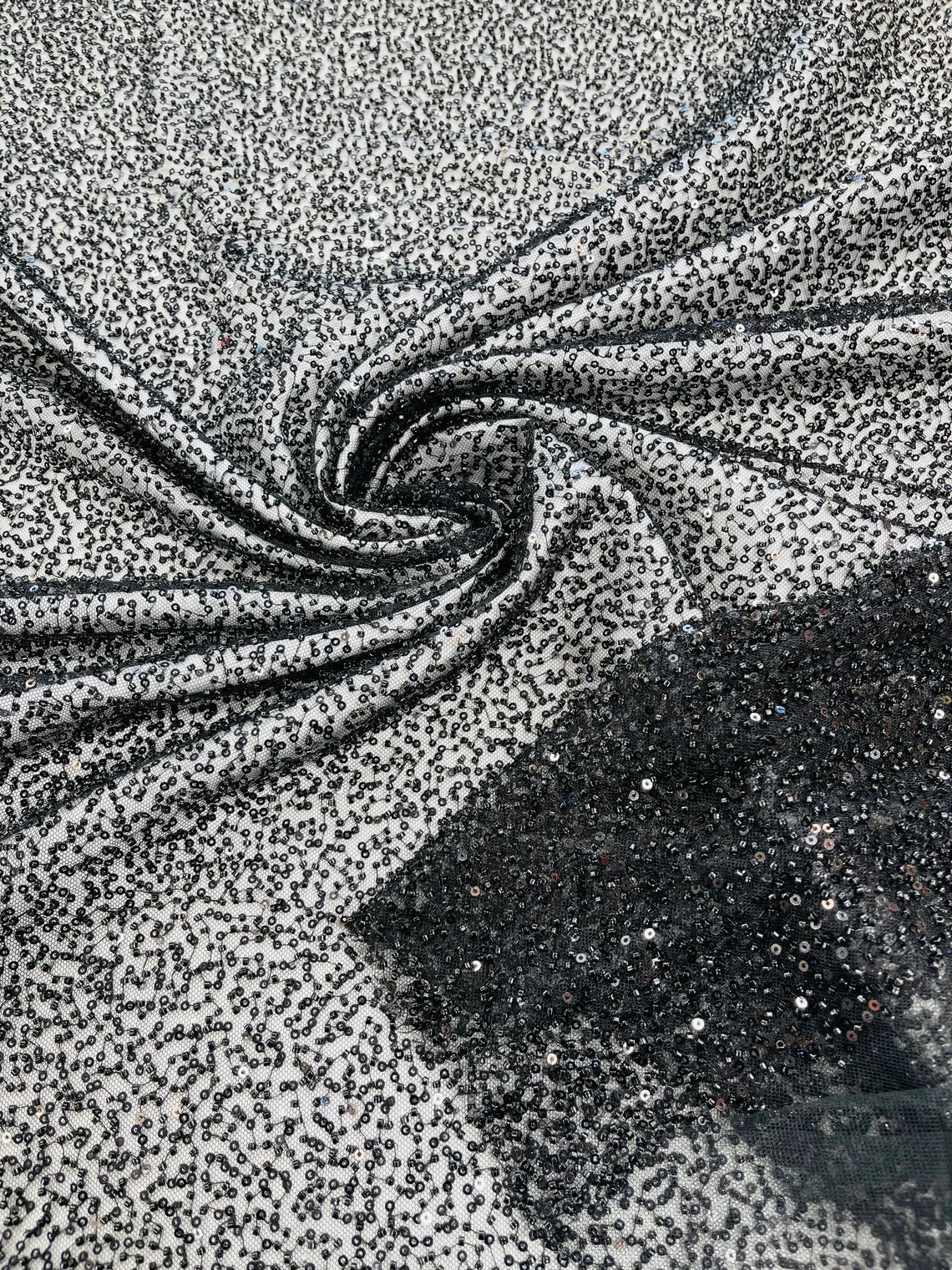 3D Beaded Lace Fabric - Black - Heavy Embroidery Handmade Lace, Beaded Fabric By Yard