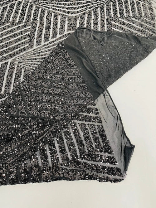 4 Way Stretch - Black - Geometric Design Sequins On Mesh Elegant Fabrics Sold By Yard