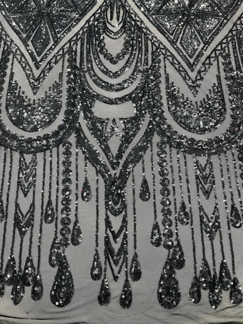 Zig Zag Design Sequins - Black - 4 Way Stretch Embroidered Zig Zag Sequins Lace Fabric By The Yard