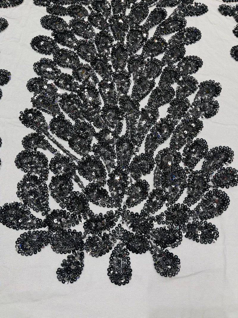 3D Beaded Peacock Feathers - Black - Vegas Design Embroidered Sequins and Beads On a Mesh Lace Fabric (Choose The Panels)