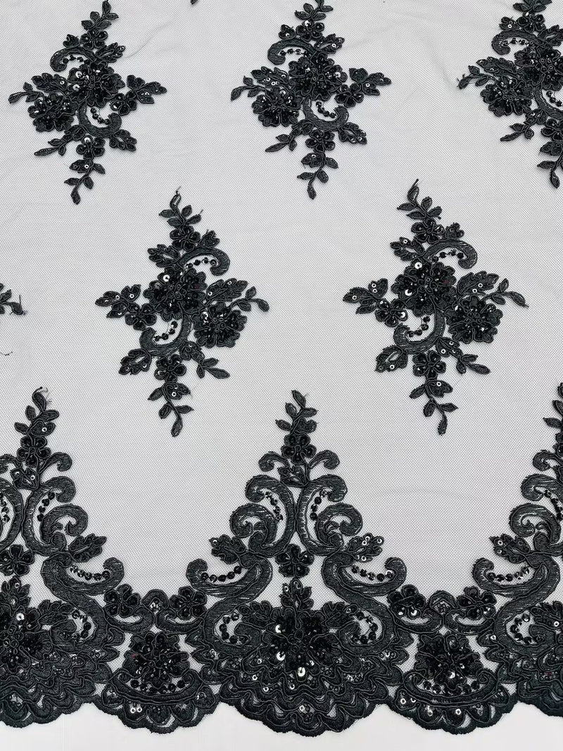 Beaded Floral Fabric - Black - Floral Cluster Design Fabric with Damask Border by Yard