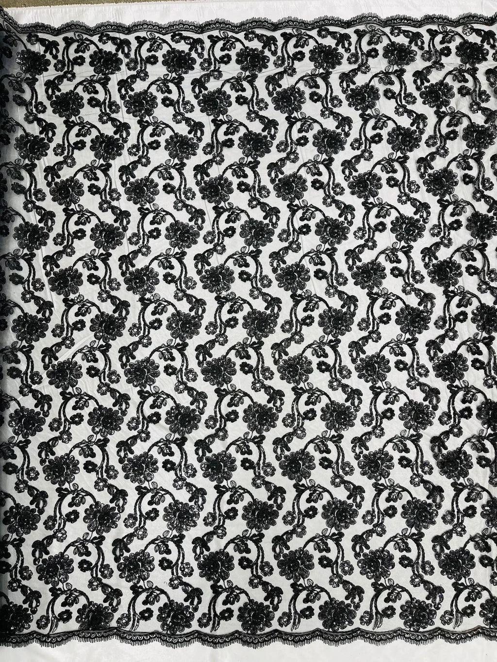 Corded Sequins Flower Lace - Black - Corded Floral Lace With Sequins Sold By Yard
