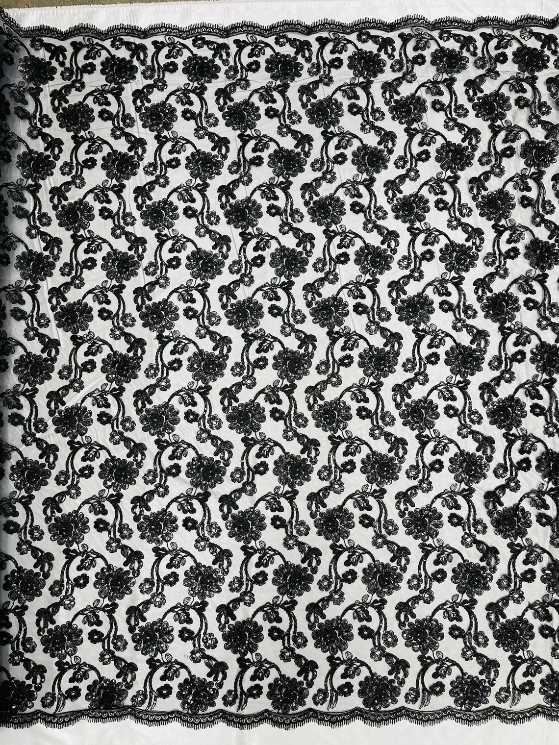 Corded Sequins Flower Lace - Black - Corded Floral Lace With Sequins Sold By Yard