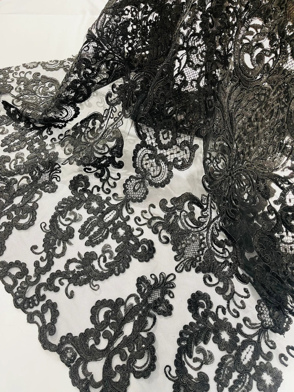 King Lace Pattern Fabric - Black - Embroidered Sequins on Lace Mesh Fabric By Yard