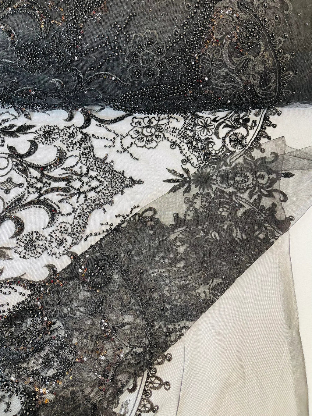 Beaded Fabric by yard - Black - Damask Pattern With Beads and Sequin, Appliqué Lace for Bridal and Prom Dress