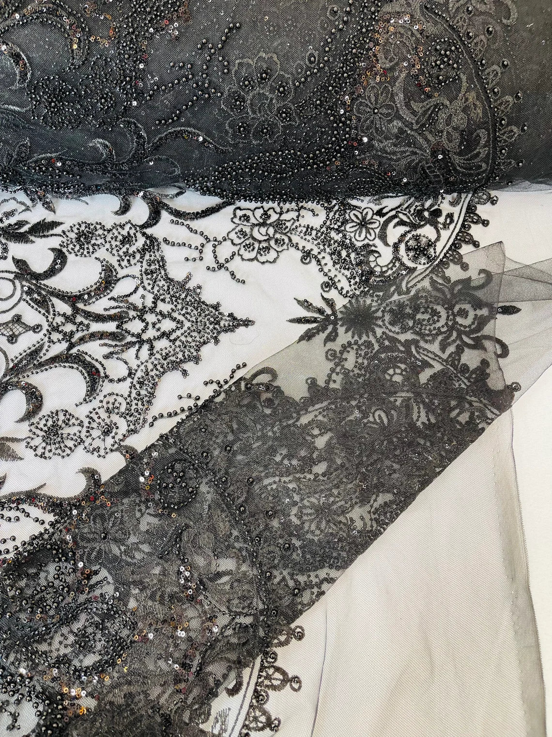 Beaded Fabric by yard - Black - Damask Pattern With Beads and Sequin, Appliqué Lace for Bridal and Prom Dress