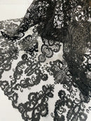 King Lace Pattern Fabric - Black - Embroidered Sequins on Lace Mesh Fabric By Yard