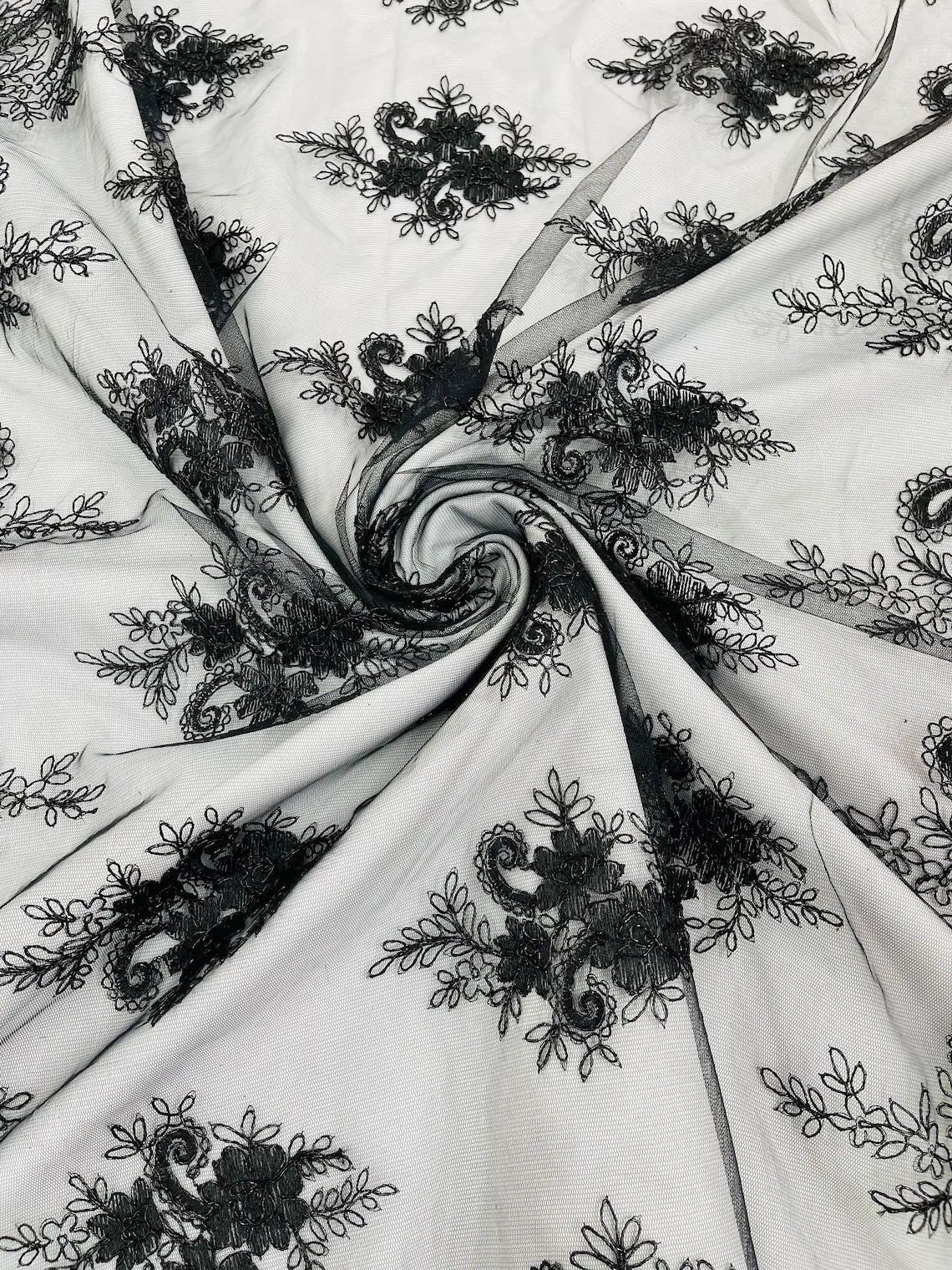 Metallic Corded Lace - Black - Paisley Floral Fabric with Metallic Thread on a Mesh Lace By Yard