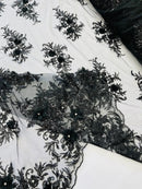 3D Floral Rhinestone Fabric - Black - Beaded Flower Clusters with Rhinestones and Sequins By Yard