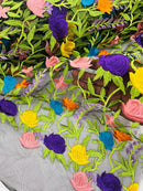 Multi-Color Mexican Sarape Fabric - Black Mesh Flower Design Embroidered Lace Fabric By Yard