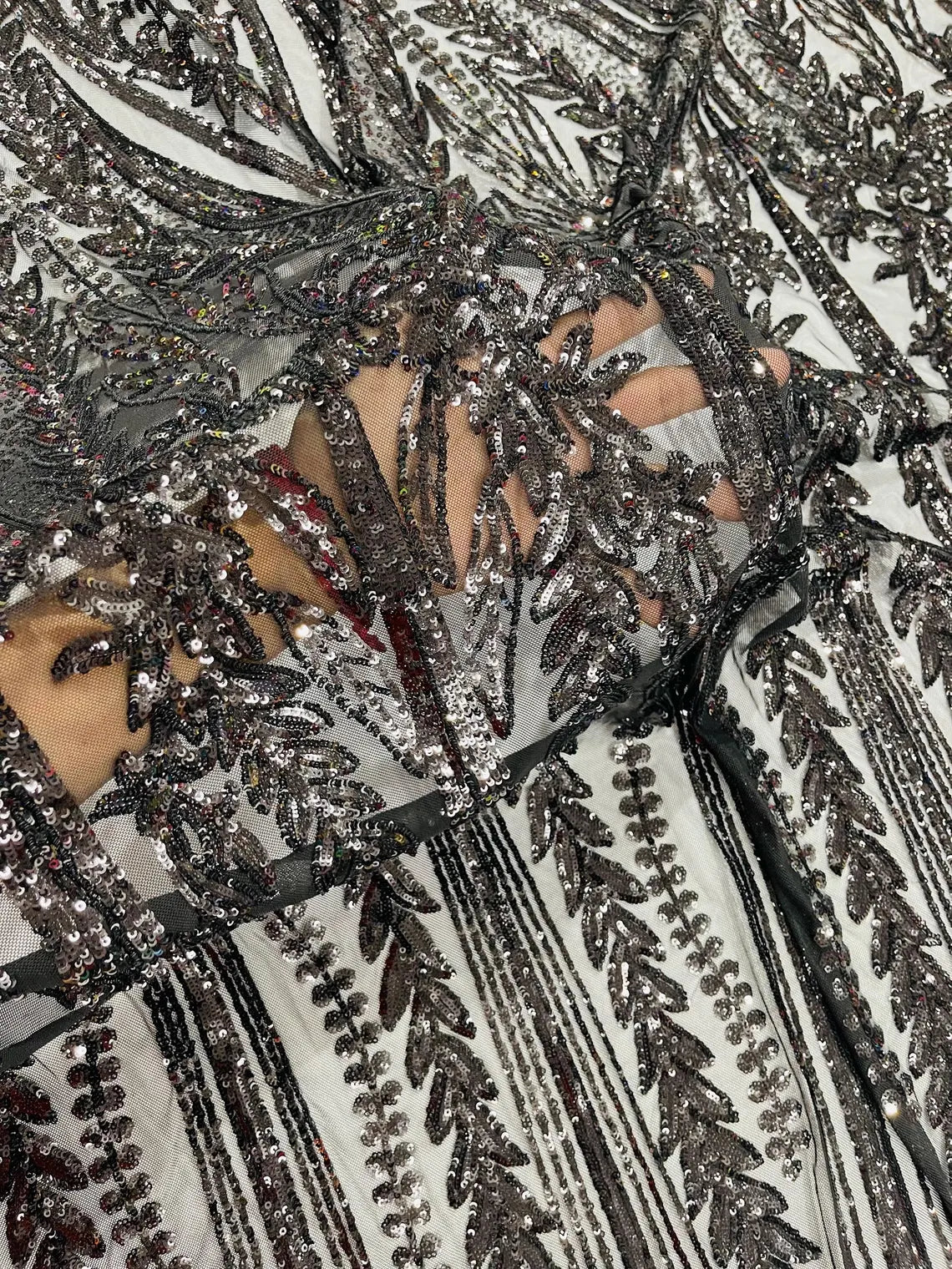 Mermaid Design Sequins Fabric - Black - Sequins Fabric 4 Way Stretch on Mesh By Yard