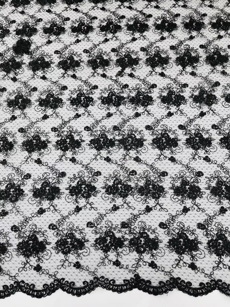 Embroidered Flower Fabric - Black - Floral Design Scalloped Border Fabric By Yard