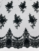 3D Floral Pearl Design - Black - Floral Embroidered Pearls and Sequins Fabric By Yard