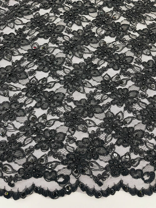 Floral Pearls and Sequins Fabric - Black - Beaded Fabric Embroidered Lace By The Yard