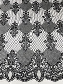 King Damask Design Fabric - Black - Embroidered Corded Mesh Lace Fabric with Sequins By Yard