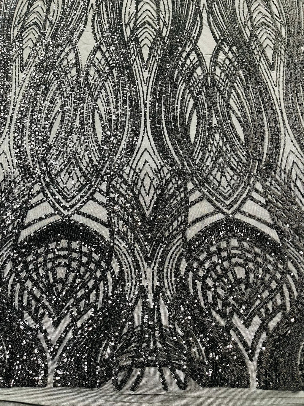 Long Wavy Pattern Sequins - Black - 4 Way Stretch Sequins Fabric Line Design By Yard