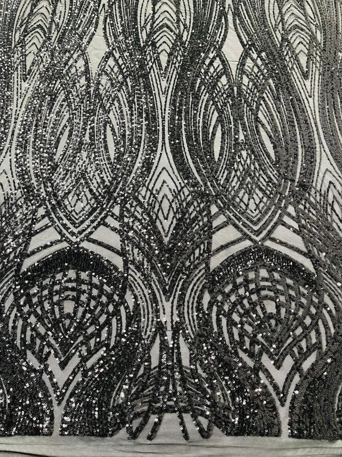 Long Wavy Pattern Sequins - Black - 4 Way Stretch Sequins Fabric Line Design By Yard
