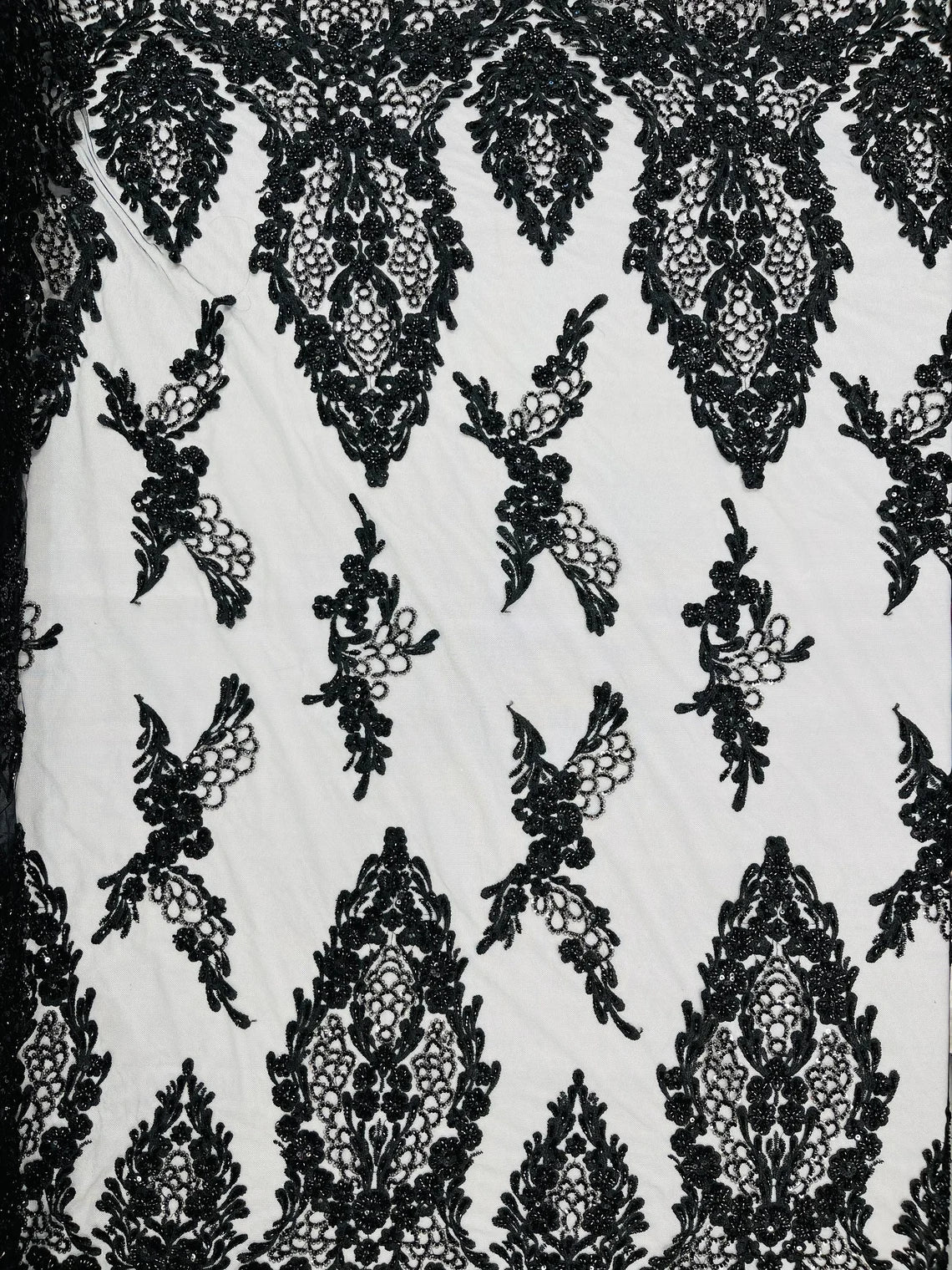 Heavy Bead Floral Fabric - Black - Beaded Flower Design Fabric Fancy Border By Yard