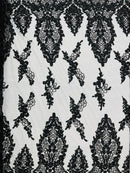 Heavy Bead Floral Fabric - Black - Beaded Flower Design Fabric Fancy Border By Yard