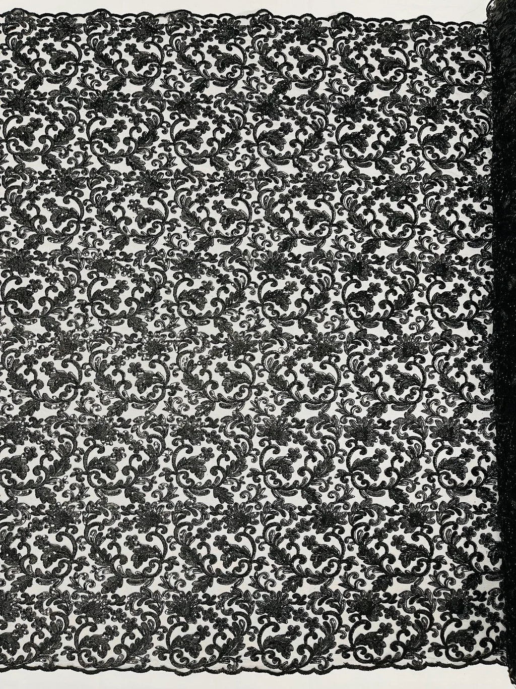 Metallic Floral Lace Fabric - Black - Embroidered Sequins Floral Design Sold By Yard